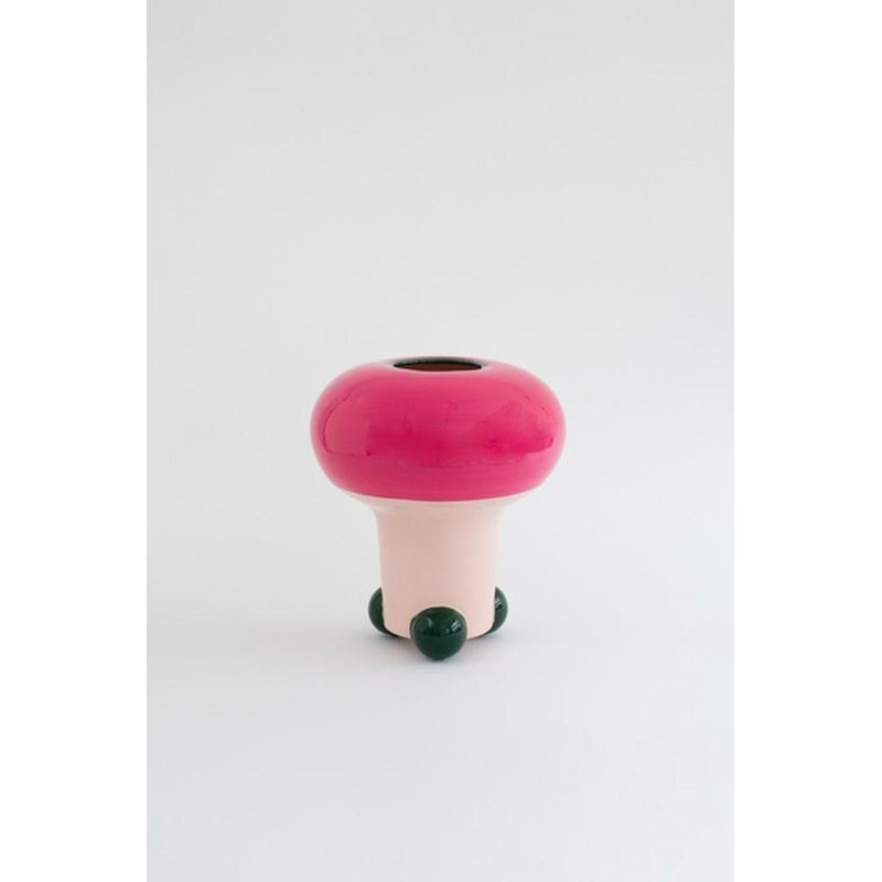 Mushroom Handmade Eartenware Table Vase, Green/Fancy Pink, Solid