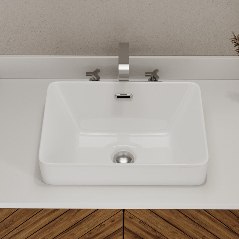 Los Flexi White Rectangular Semi-Recessed Vessel Bathroom Sink with Overflow, 6.3" H x 14.37" W x 20.28" D