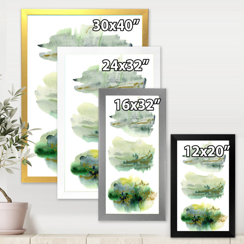 «Golden Green Abstract Clouds with Blue Points II», peinture sur toile encadrée, H 20 po x l 12 po x P 1po