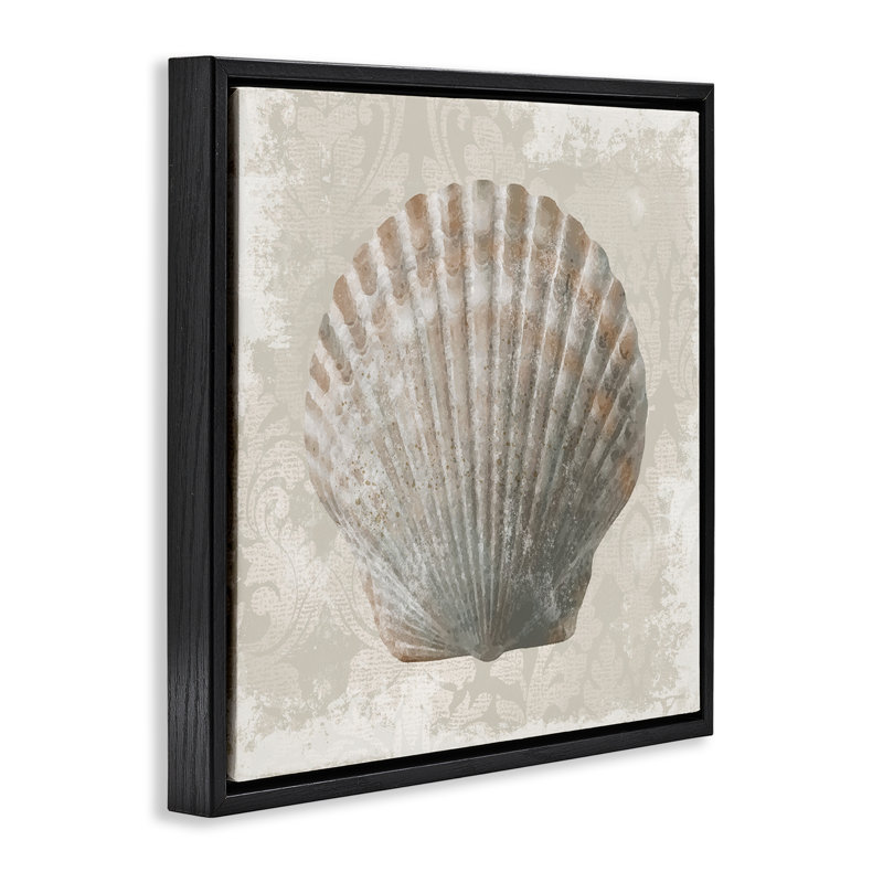 Coquille de palourde sur motif rétro, Cadre flottant noir de jais, H 18 po x l 18 po