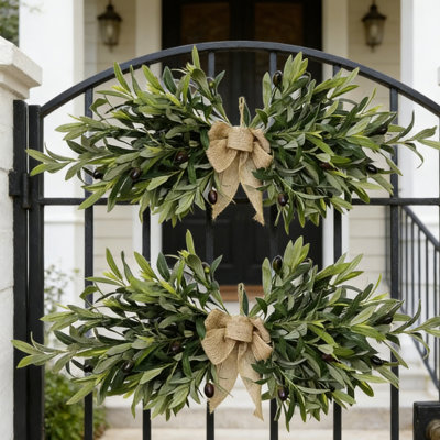 Paquet de 2 guirlandes de fausse branche d'olivier avec accents en toile de jute naturelle pour porte de maison, table murale, mariage, fête, fête, présentation saisonnière, ensemble de 2