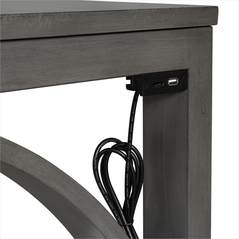 Ensemble de table de salle à manger à hauteur de comptoir avec 2 tabourets rembourrés, bois massif, gris doux, ports USB Type-C intégrés, 3 pièces peu encombrantes