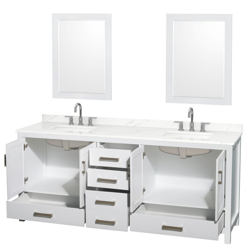 Sheffield 80" Freestanding Double Bathroom Vanity with Quartz Top with 24" Mirrors, Giotto Quartz, White