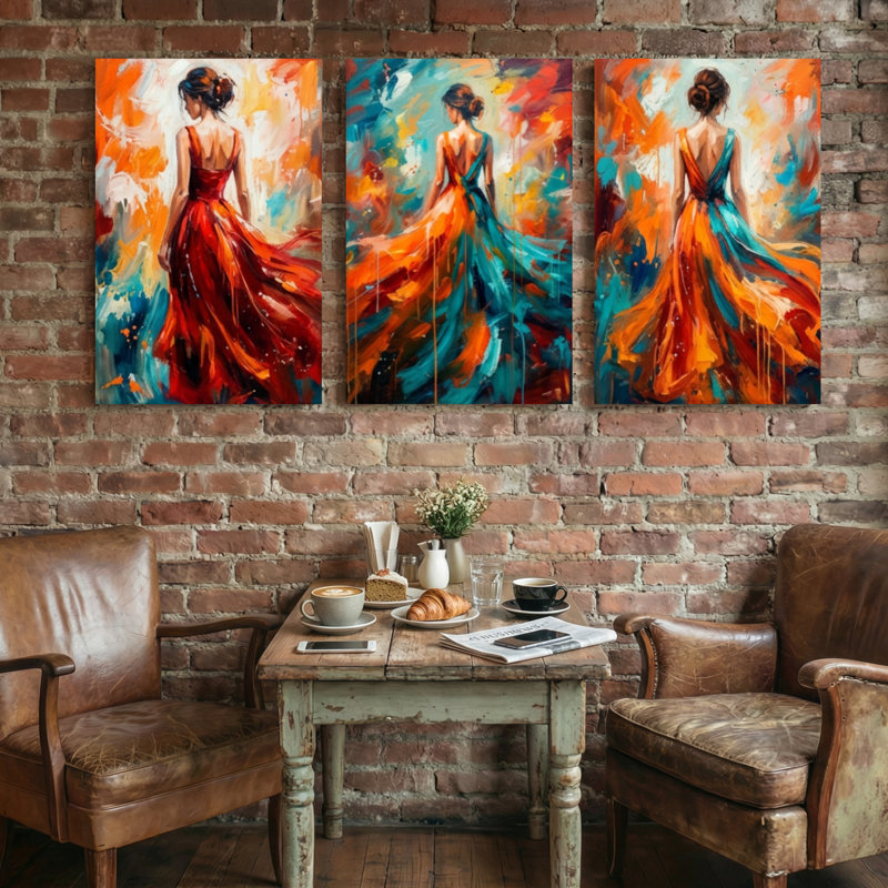 Femme abstraite dans une robe fluide, ensemble de 3 reproductions d'art sur toile, H 24 po x l 48 po