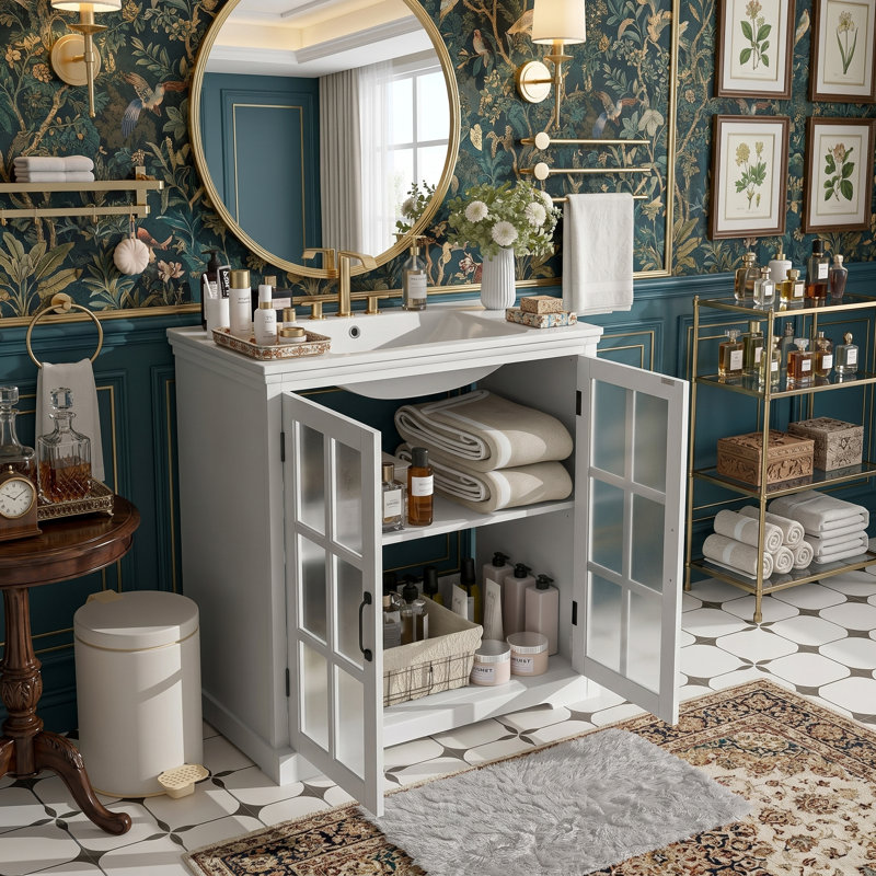 Meuble-lavabo autoportant moderne de 30 po avec lavabo en céramique, armoire autoportante en bois d'hévéa massif et portes en verre flou (blanc)