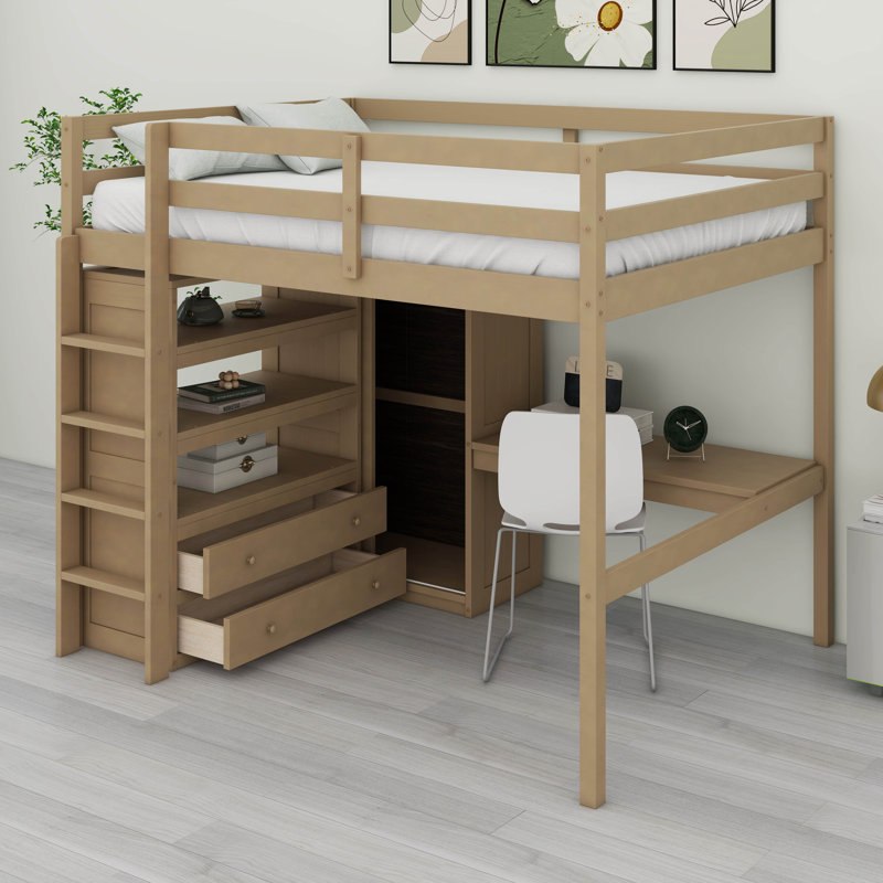 Lit mezzanine double avec garde-robe intégrée, bureau, tablettes et tiroirs de rangement, structure de lit mezzanine en bois massif