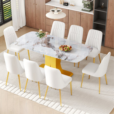 Ensemble de table et de chaises Table de salle à manger en verre trempé de 71 pouces recouverte d'autocollants texturés en marbre blanc.