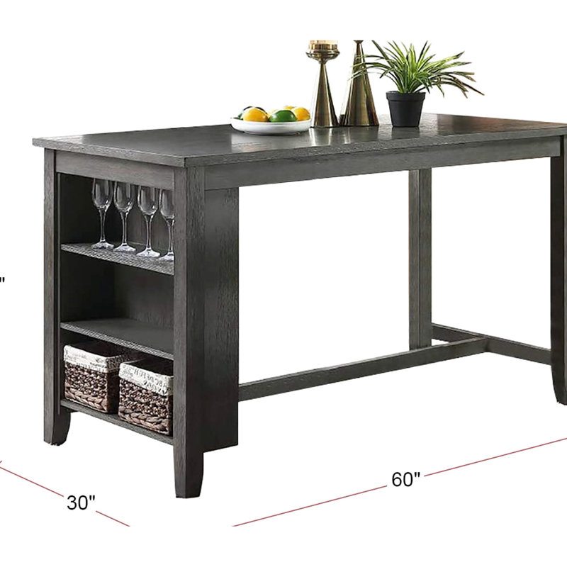 Table moderne en bois massif gris pour la cuisine et la salle à manger, hauteur de comptoir avec tablettes de rangement grises, côté