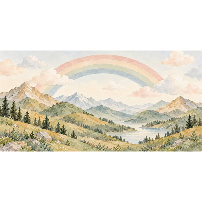 Golden Valley Rainbow Wallpaper Mural, Peel and Stick Kids Room Wall Mural, Watercolor Mountain Rainbow Nursery Wallpaper