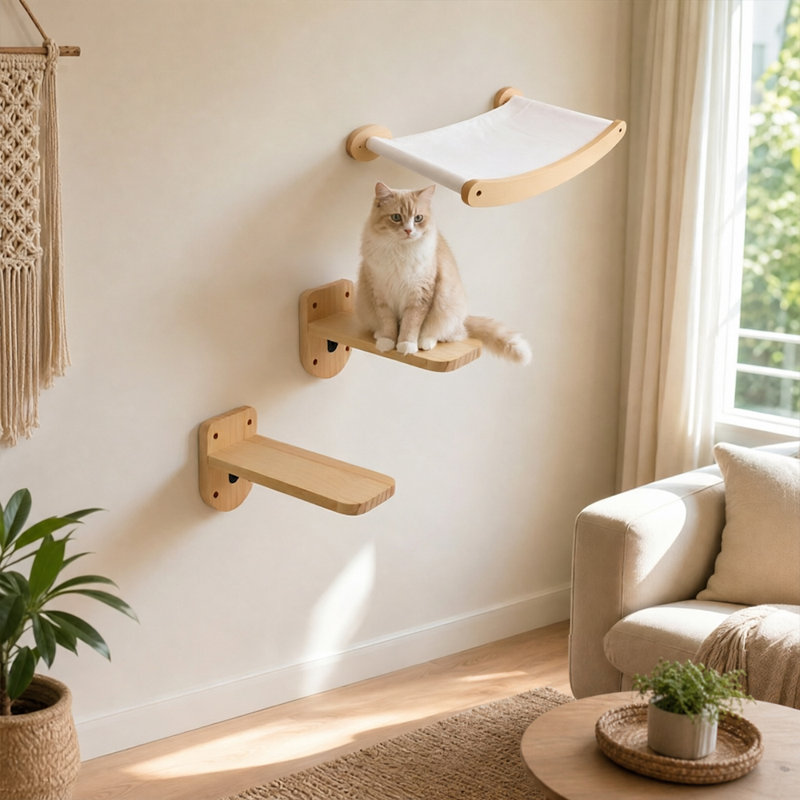 Perchoir mural en bois pour chat avec hamac pour chat et 2 tablettes