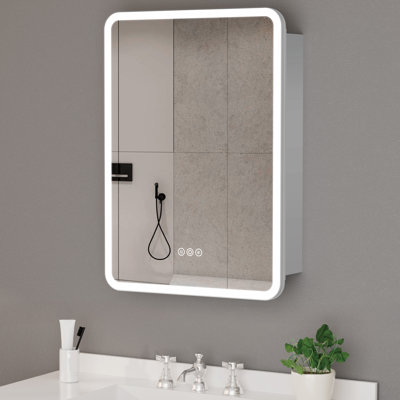 Armoire à pharmacie en aluminium de 40,6 cm (L) x 61 cm (H) avec miroir, éclairage DEL, antibuée, intensité variable et 3 couleurs, fonction mémoire, étagères en verre réglables, port USB et prise homologuée UL, montage encastré ou en saillie