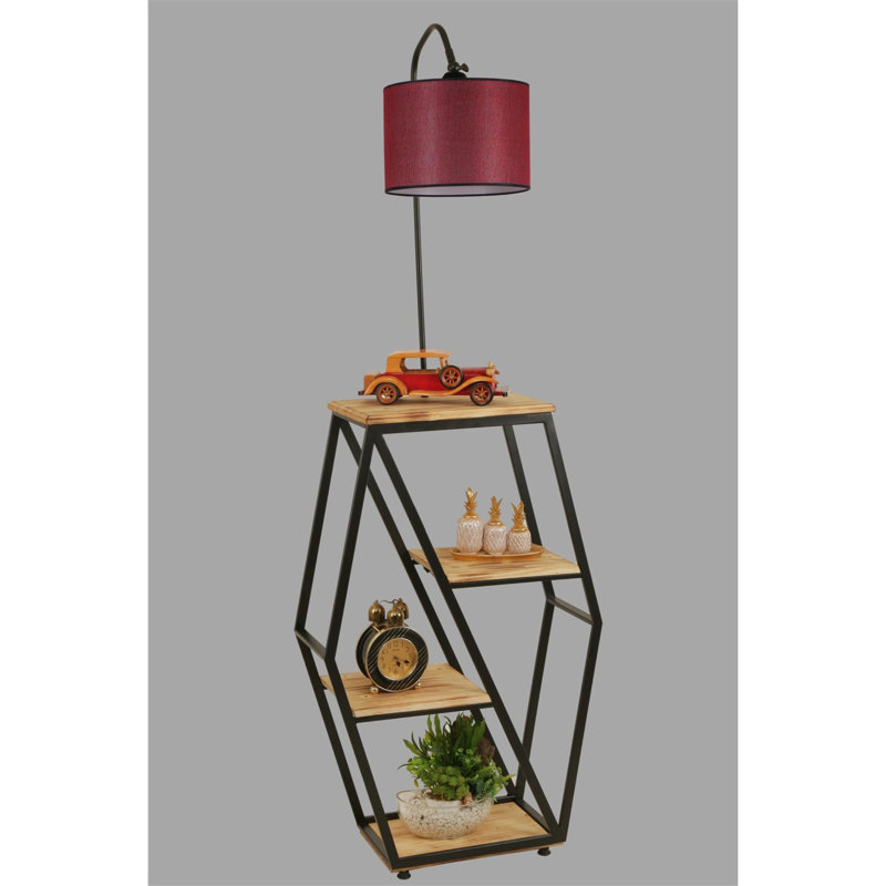Lampe moderne sur pied rouge Claret avec structure en métal et bibliothèque 100% bois de sapin, hauteur totale 65 po | Douille E27, 40 W maximum | Élégante finition électrostatique séchée au four | Parfait pour la décoration de fantaisie et de campagne dans le salon ou le bureau
