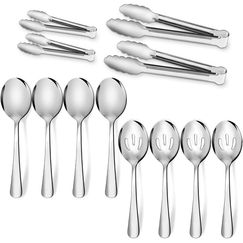 Ensemble d'ustensiles de service de 12 pièces en acier inoxydable pour la réception de banquet, comprenant des cuillères de service et des pinces