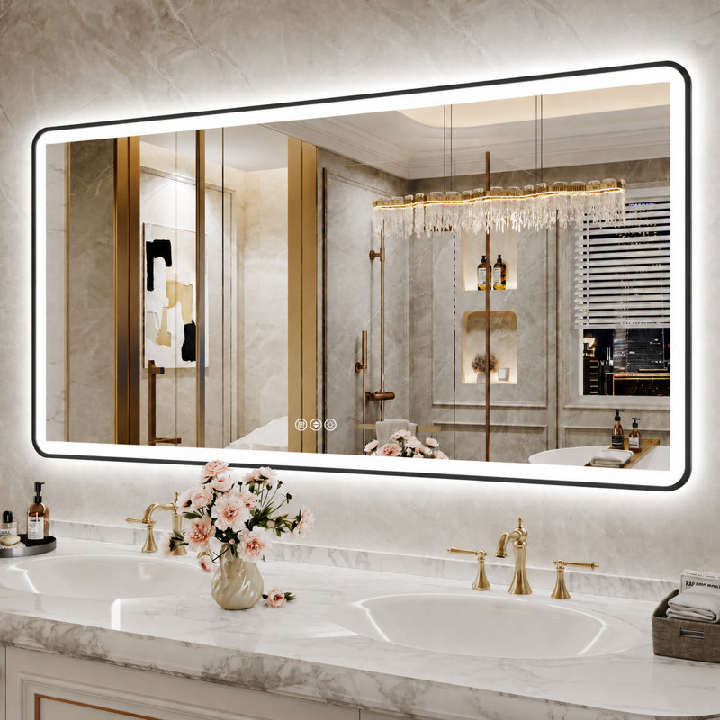 Lunara Independent Dual Backlit&Front Lights LED Wall Mirror, Rounded Corner Matte Black Metal Framed Bathroom Mirror with Tempered Glass