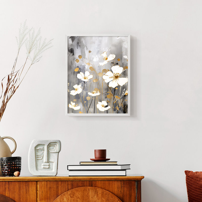 FLORAL Series CDVII - reproduction encadrée de qualité supérieure - prête à être accrochée - aucun clou requis, Blanc / Blanc