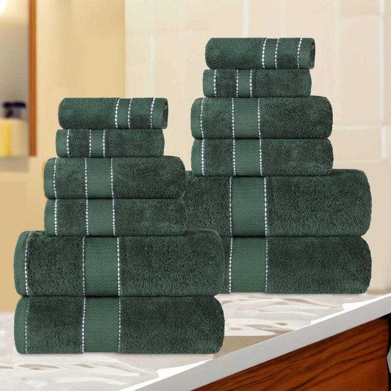 12 Piece Egyptian Giza Cotton Diamond Dobby Border Towel Set, Forest Green