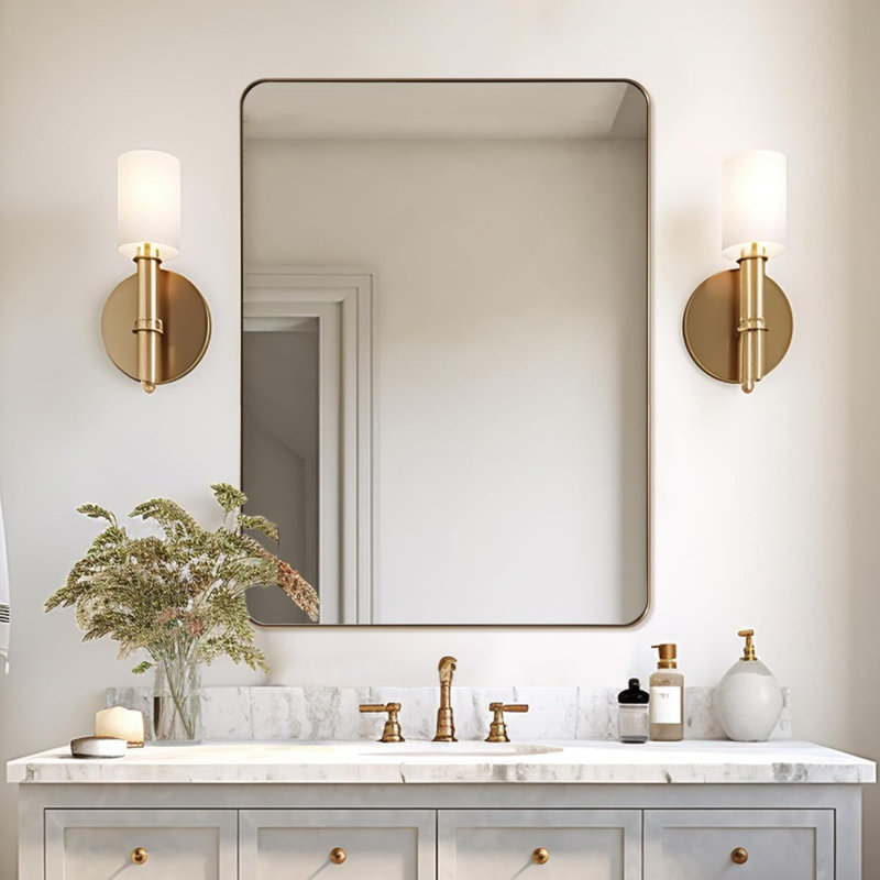 Inse Modern Rounded Rectangle Bathroom Vanity Mirror | Stainless Steel Frame, Brushed Gold, 48" x 36"