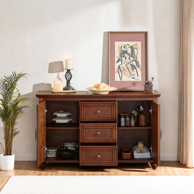 47.3'' Mid-Century Modern Sideboard Buffet Cabinet with 2 Doors, 3 Drawers and Adjustable Shelves, Walnut