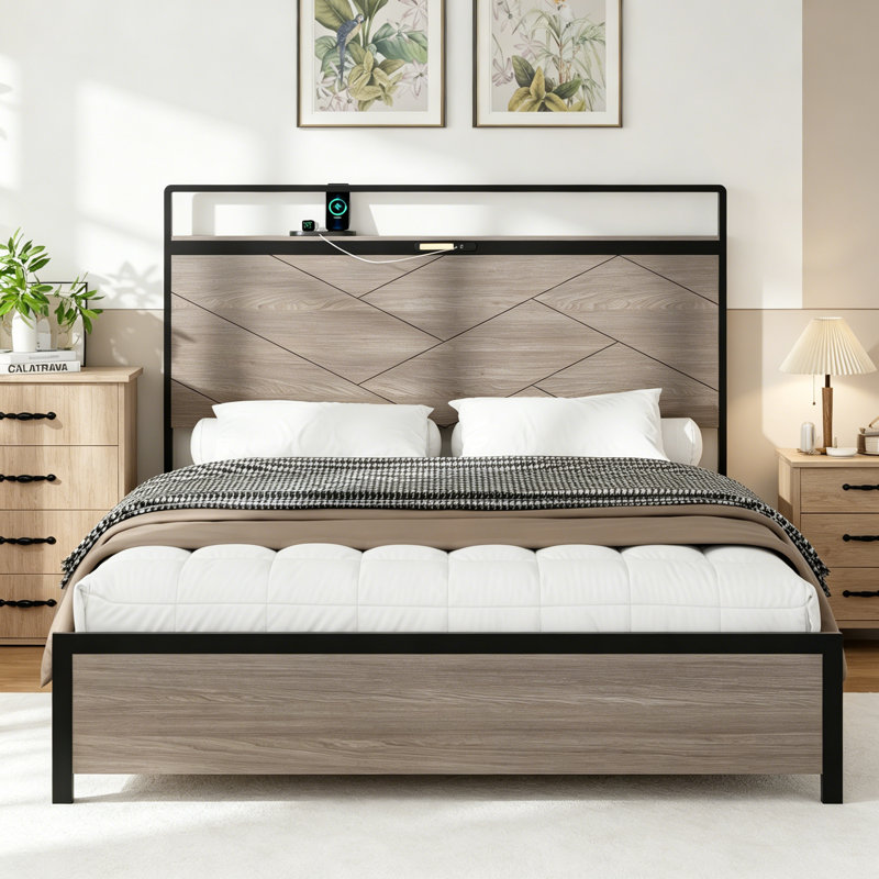 Bed frame full size, wooden platform bed frame with storage LED light headboard and 2 USB, no noise, no spring mattress required and simple assembly tools, large underbed storage, Antique Grey 