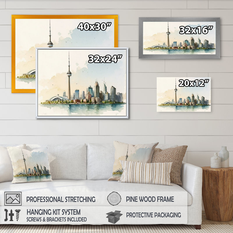 Toronto Skyline II - reproduction sur toile, Impression noire sur toile encadrée, L 20 po x H 12 po