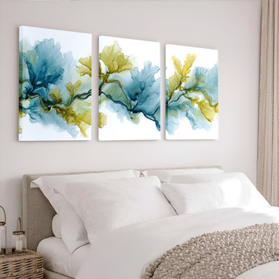 Abstract Blue and Yellow Watercolor Floral Canvas Wrapped Wall Art Set of 3 for Living Room Bedroom or Office Decor