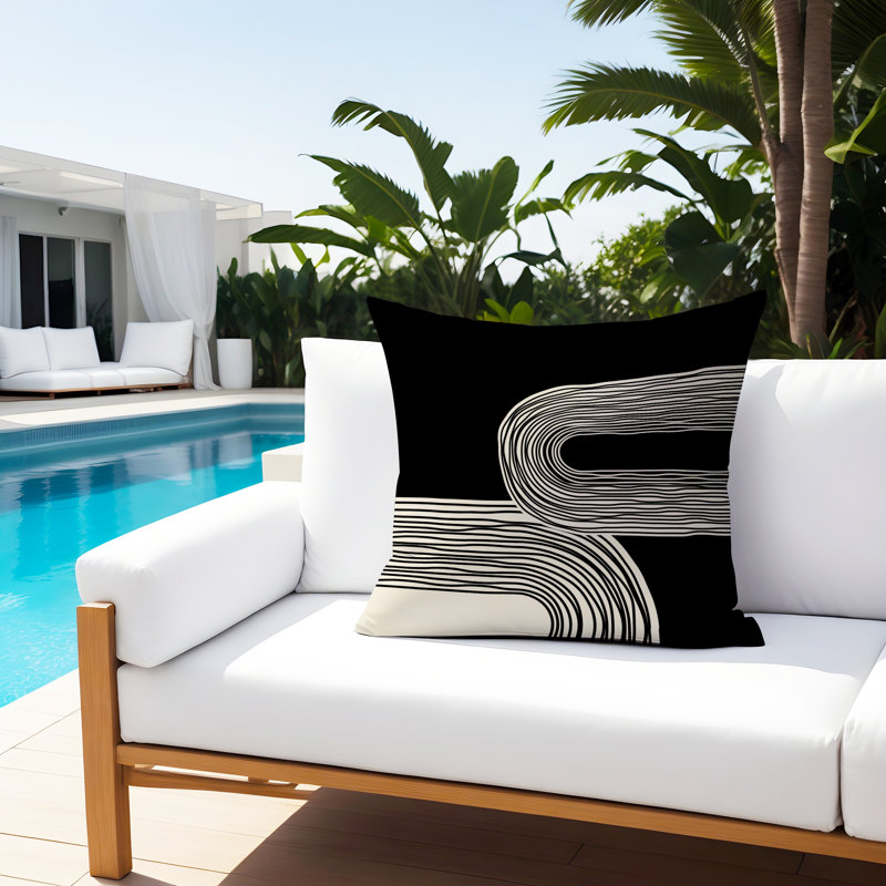 Cassie Abstract Outdoor Reversible Throw Pillow, Black/Cream/Black, 19"H x 19"W