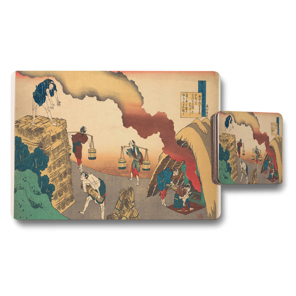 Japanese Ukiyoe Woodblock Art Placemat And Coaster Set