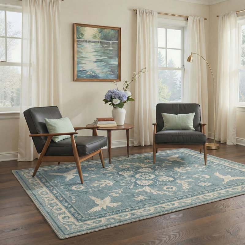Aarna Bird & Floral Machine Washable Green / Beige Indoor Area Rug with Non-Slip Backing, Round 5' 