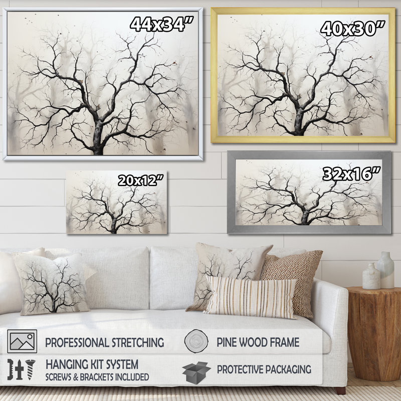 «White and Grey Minimalisme Maple Tree II», reproduction sur toile, Cadre photo doré simple, H 12 po x l 20 po x P 1 po