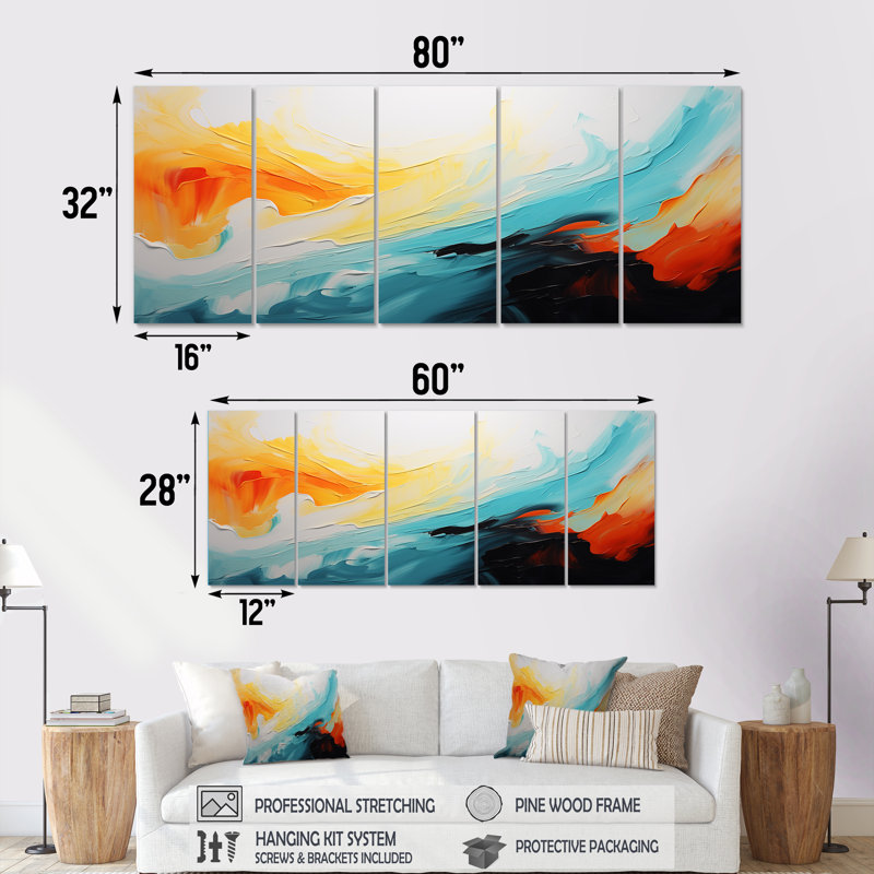 «Colorful Abstract Expression V» - peinture abstraite, art mural 5 pièces, H 28 po x l 60 po