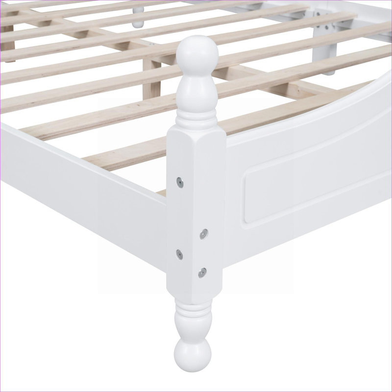 White-toned solid wood platform bed frame for queen size mattress support, retro style bedroom furniture with integrated wooden slat system