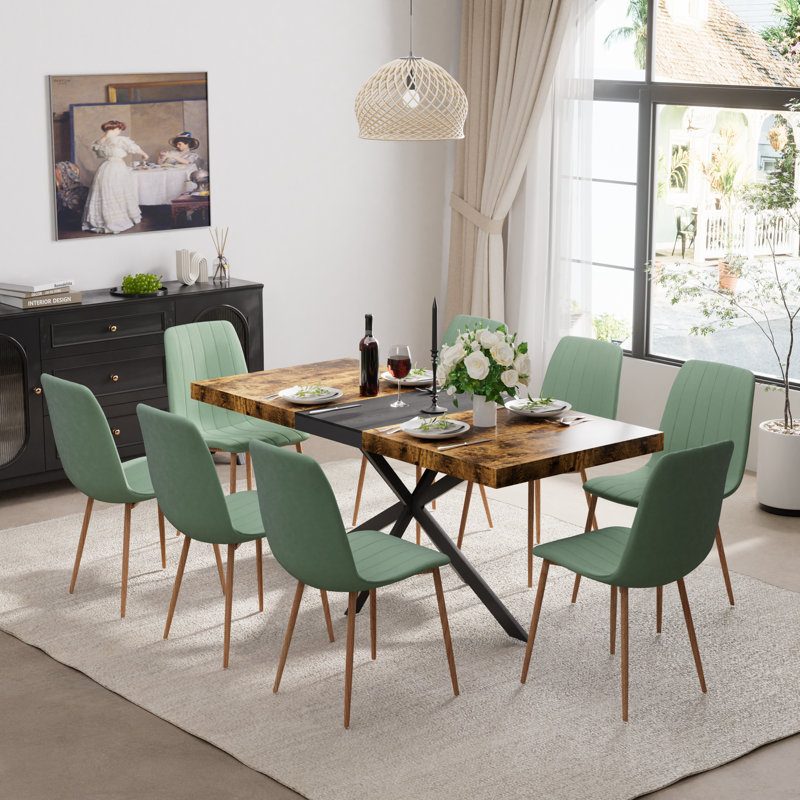 Extendable Dining Table Set with Velvet Chairs, 9, Green/Natural, 29.92”H x 55.11”L x 31.49”W