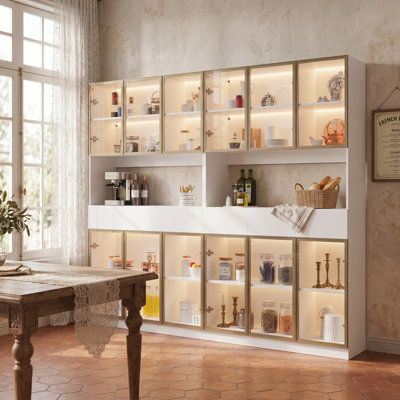 94.4" Wide Large Glass Door Display Stand With LED Lighting & Drawers