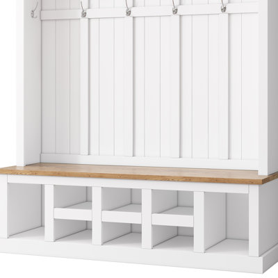 Arbre d'entrée en bois Farmhouse avec banc de rangement large, armoire à chaussures d'entrée avec 13 compartiments et 6 crochets, blanc