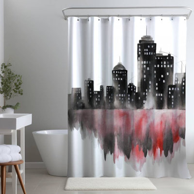 Red Watercolor Cityscape – Polyester Shower Curtain, Dye Sublimation Print, 71" W × 74" L