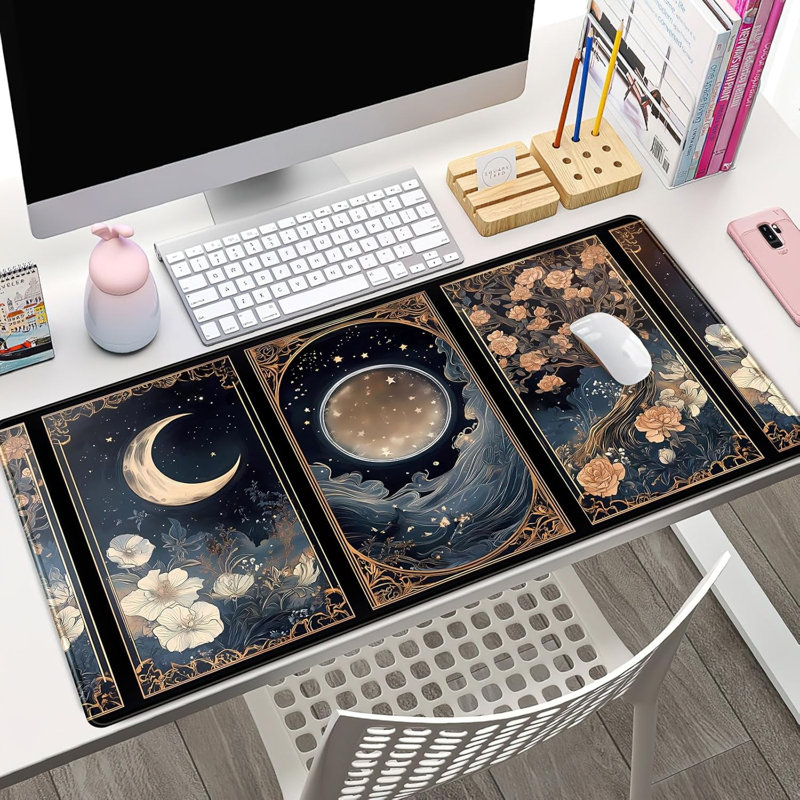 Tapis de bureau Céleste Lunaire Nature Tarot Carte Lune Florale Grand Tapis de Souris XXL 90 x 40 cm Tapis de bureau Botanique Nuit de Sorcière Tapis de souris Gaming Tapis de souris pour ordinateur portable Décoration de bureau Cadeau