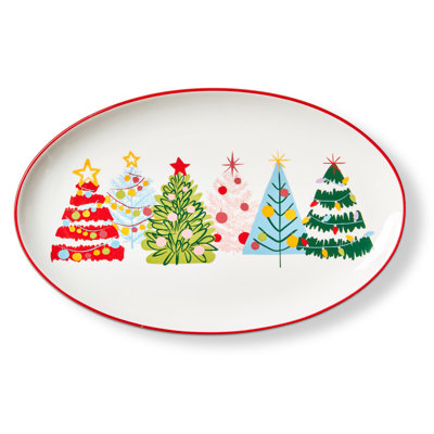 Groovy Trees Oval Platter Multicolor Stoneware Christmas
