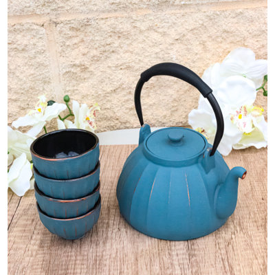 Ensemble de théière en fonte bleue 33 oz et 4 tasses à thé Tetsubin