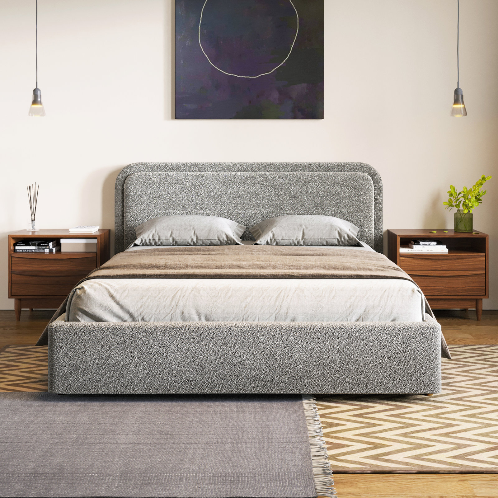 Baneza Platform Bed, Queen, Gray Boucle
