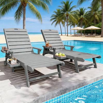 Adjustable HIPS Waterproof Pool Lounge Chair Wheels Lounge Chaise Set Outdoor Swimming Reclining Outdoor Chaise Lounge With Cup Holder Set Of Two