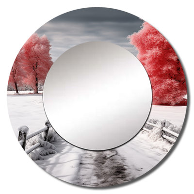 Red and White Winters Barn - Landscape Decorative Wall Mirror, Red Round Mirror, Printed Metal Art