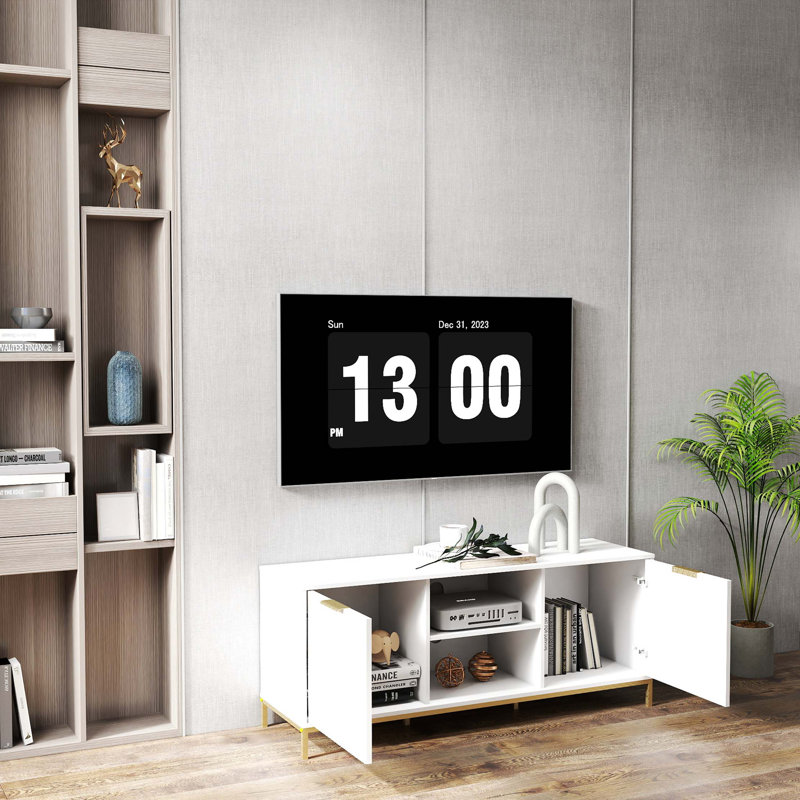 Modern TV Stand with Wave-Design Doors, Open Shelf & Adjustable Shelf - Stylish and Functional
