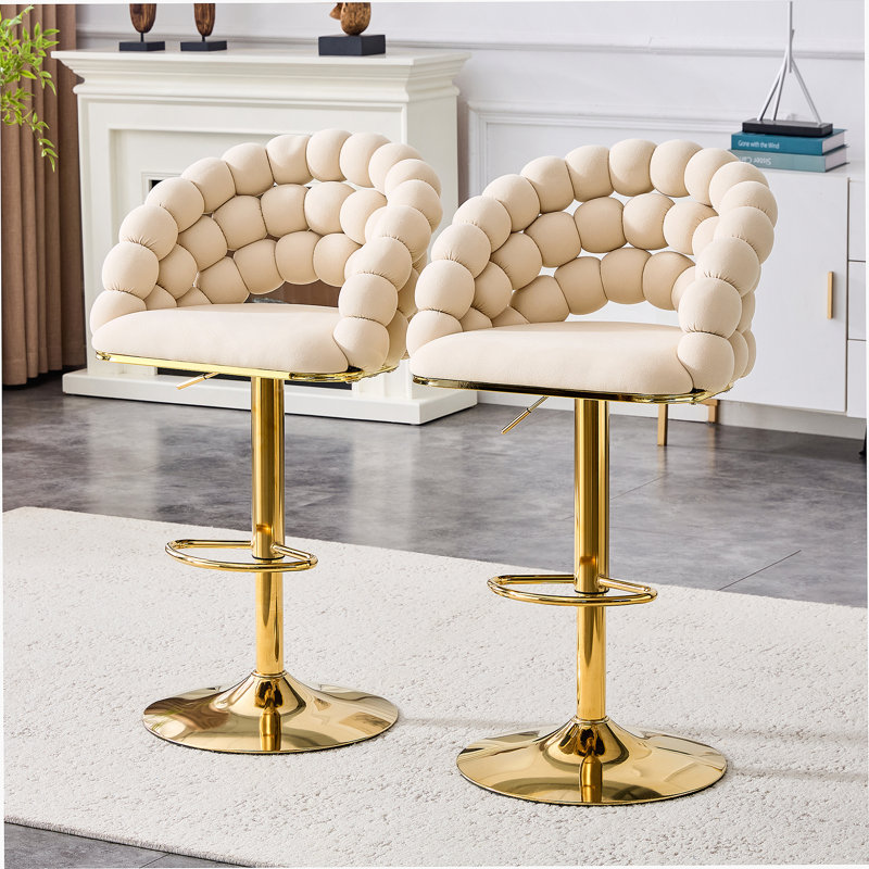 Ensemble de 2 tabourets de bar beige en velours à chaîne boule avec pieds dorés, capitonné moderne réglable pour la cuisine et la maison