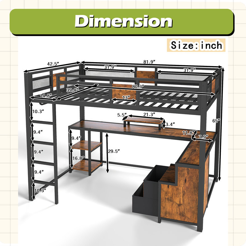 Twin XL Loft Bed With Desk And Storage Non-Woven Fabric Drawers