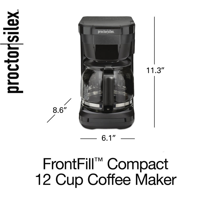  Proctor Silex FrontFill Compact 12 Cup Coffee Maker, Glass Carafe, Compatible with Smart Plugs, Black, 43680G
