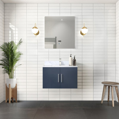 Navy Blue Bath Vanity 30 in. W x 22 in. D, Carrara Marble Top, Faucet Set, and 30 in. LED Mirror