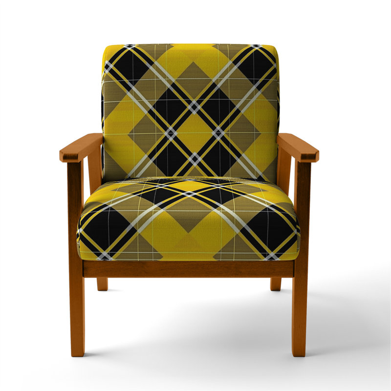 Tartan à carreaux - Fauteuil d'appoint rembourré à motifs, Jaune / velours noir, Accoudoirs carrés bruns