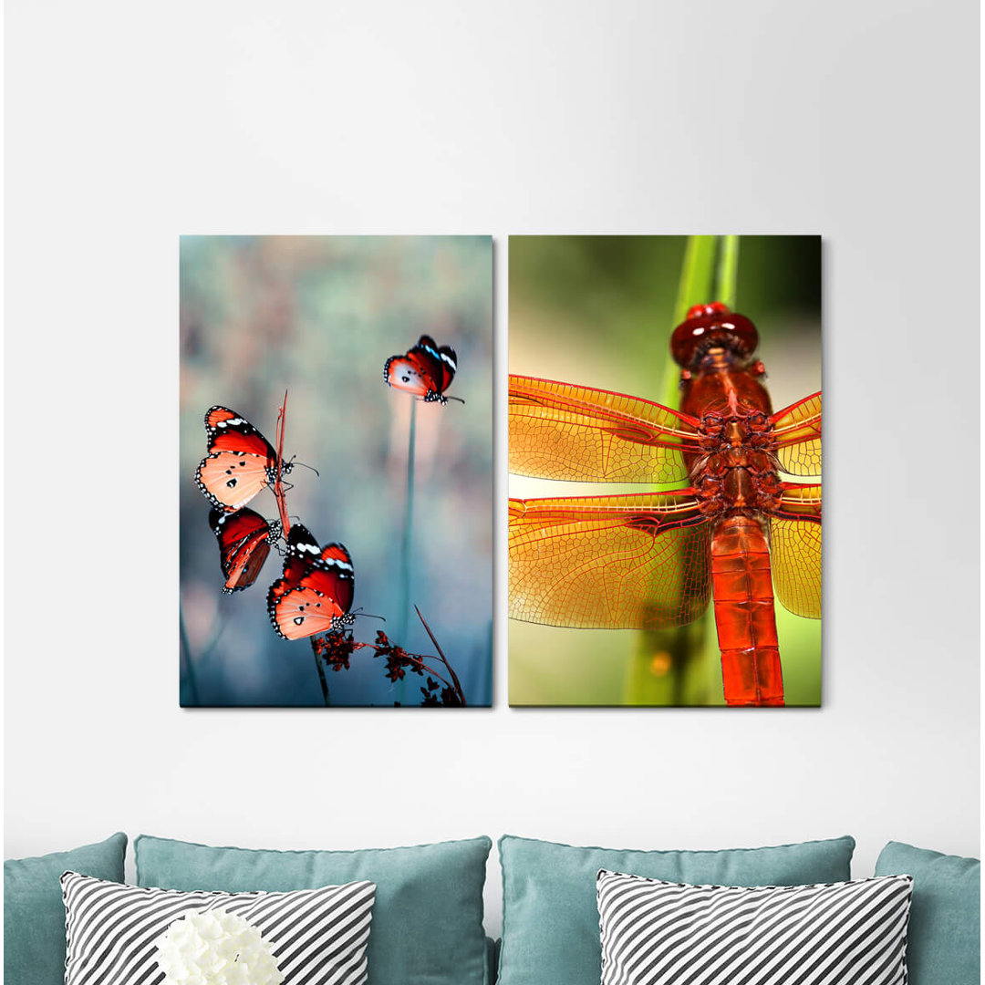 2-tlg. Leinwandbilder-Set - Grafikdruck „Butterflies Summer Dragonfly Life Tender”