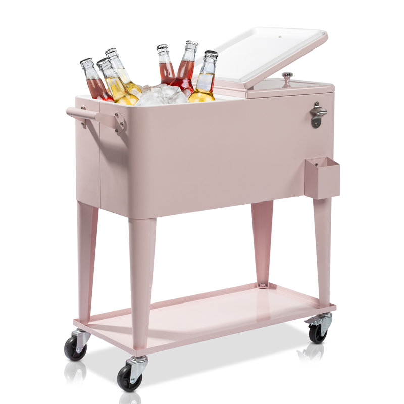 Chariot isotherme à roulettes de 80 pintes avec roulettes verrouillables, ouvre-bouteille intégré et bouchon de vidange, double refroidisseur de boissons chaudes et froides pour l'extérieur avec tablette de rangement inférieure
