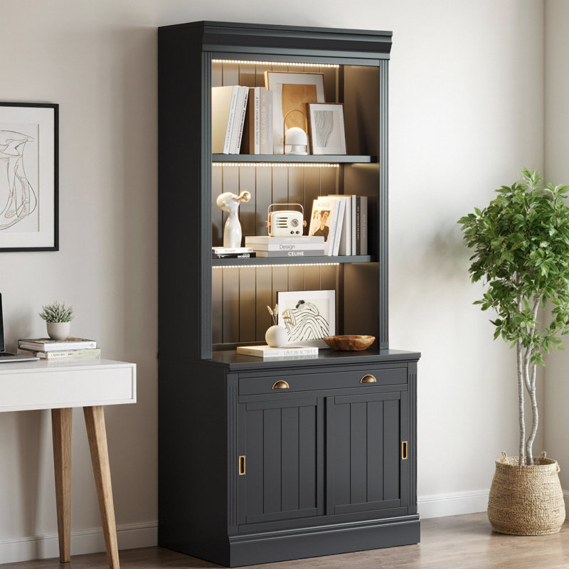 GrainHaven 83.4" Tall Bookshelf with 3-Piece LED Lighting, Modern Bookcase with Sliding Doors & Open Shelves, Black Storage Bookshelf with Drawer for Living Room & Home Office
